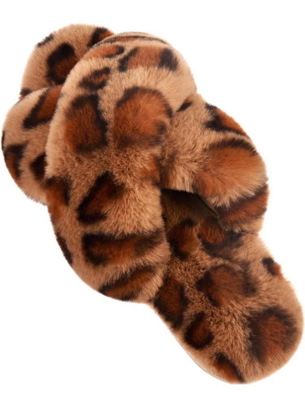 Women's Leopard Fuzzy Cross Band Slippers Memory Foam House Shoes Slip On